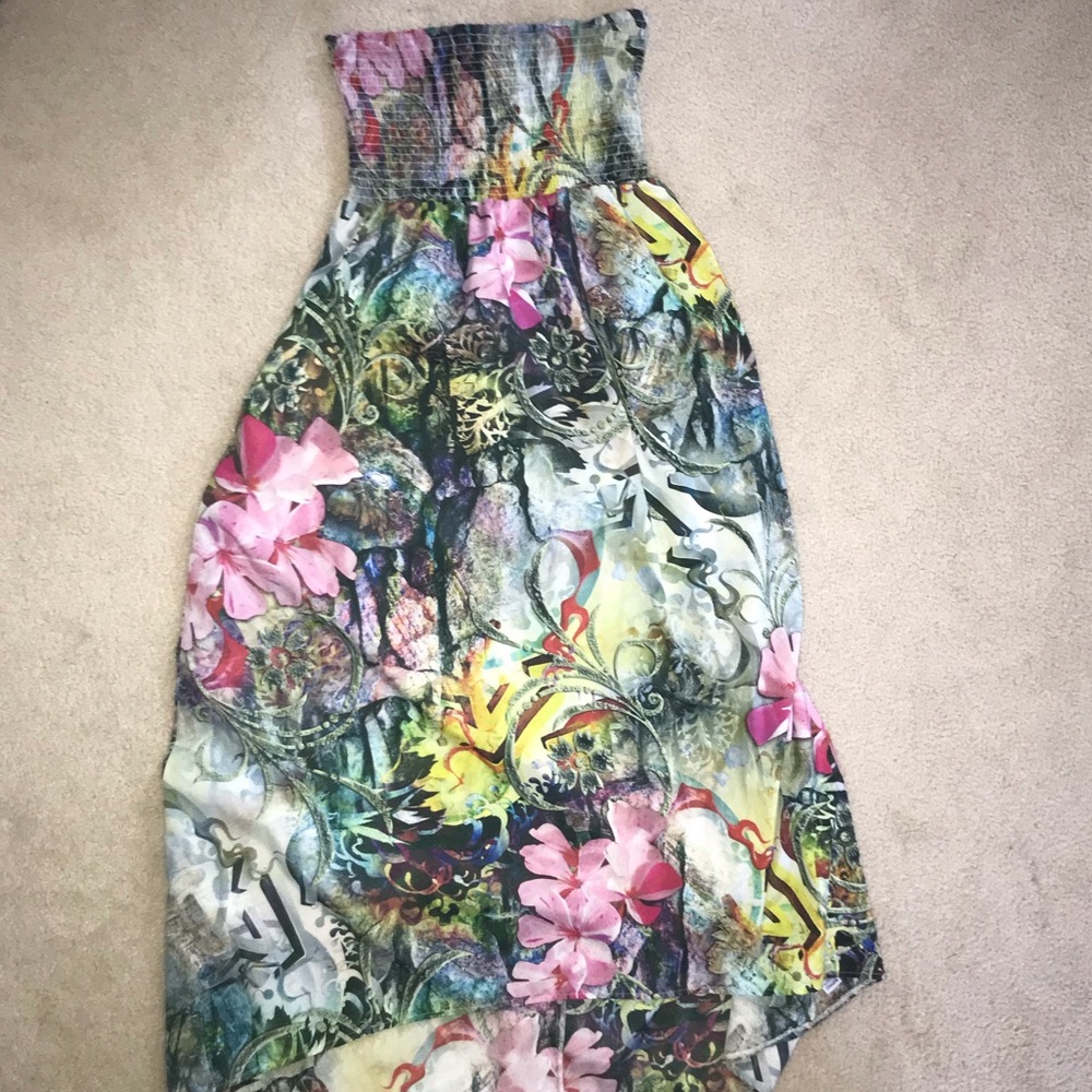 Funky artsy high-low strapless sundress